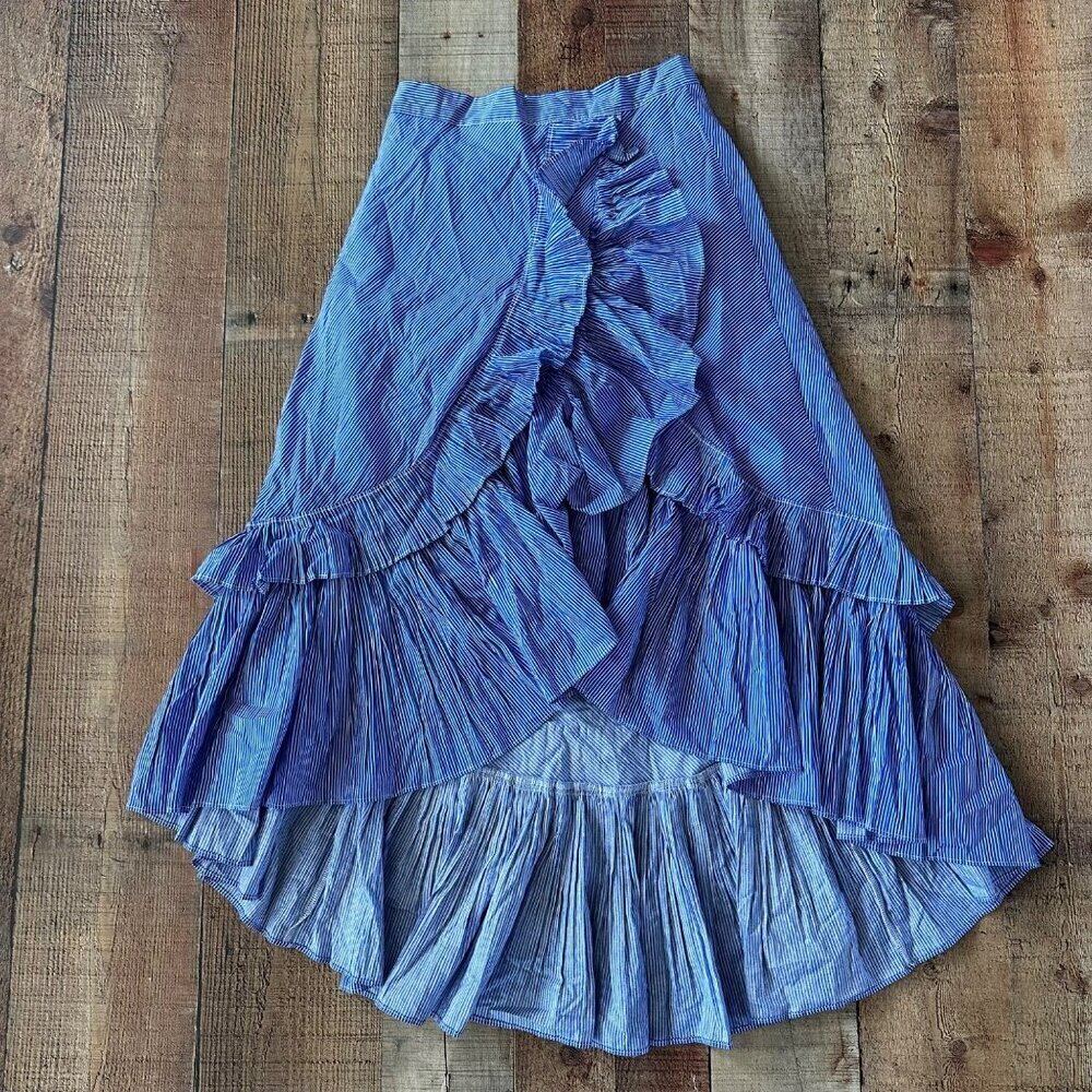 Chicwish Women's High Low Ruffle Midi Skirt in Blue and White Striped -XS